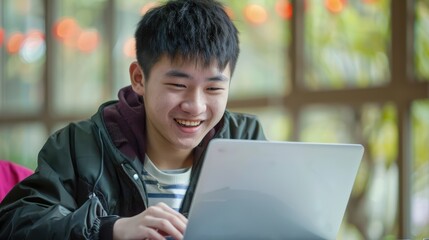 a happy chinese young man is working at a laptop
