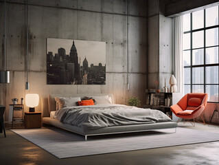 Modern bedroom with loft interior design, cabinet, red chair and large painting