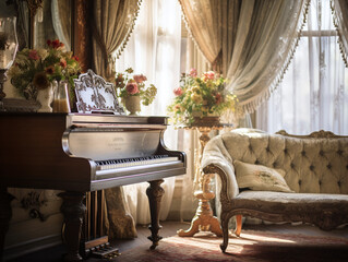 Victorian style living room interior with sofa and piano