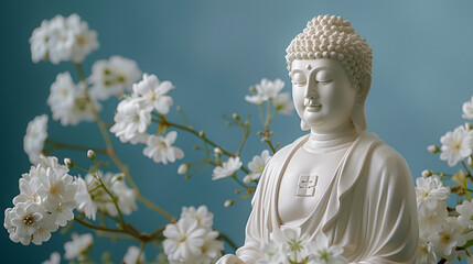 Buddha statue in White color with white flowers around, Buddha Statue with Blue Background, Buddhist holy day commemorating Siddhartha Gautama. ai generated - obrazy, fototapety, plakaty