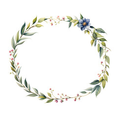 Fototapeta na wymiar leafy-wreath-dotted-with-mini-flowers-enveloping-a-void-against-a-white-background-watercolor