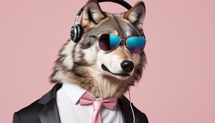 wolf in a suit with sunglasses and headphones. Pastel background