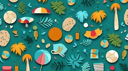 Pattern with tropical leaves, umbrellas and cocktails.