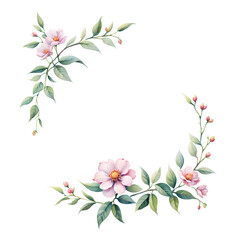 leafy-frame-with-blossoming-flowers-watercolor-illustration-in-minimalist-style-no-background