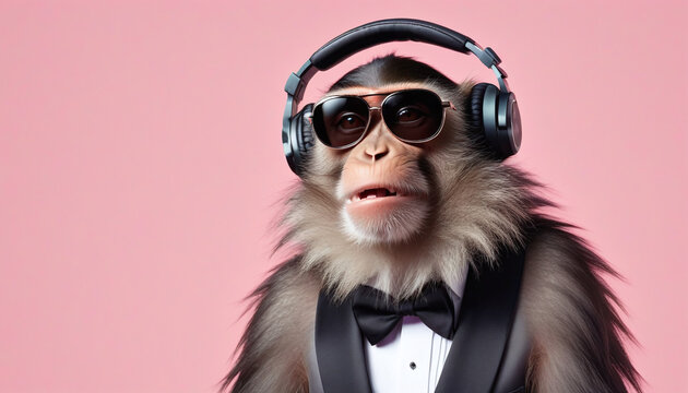 monkey in a suit with sunglasses and headphones. Pastel background