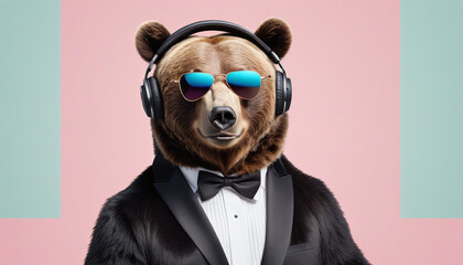 bear in a suit with sunglasses and headphones. Pastel background - obrazy, fototapety, plakaty