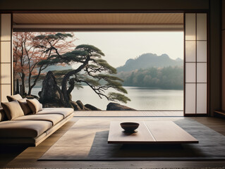 Minimal Japanese living room with traditional Japanese Nature landscape garden view