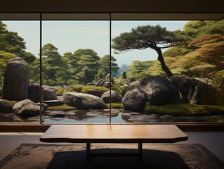 A modern Japanese living room with a view of a Japanese garden through a large window