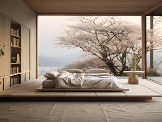 Minimal Japanese bedroom with large window with sakura view