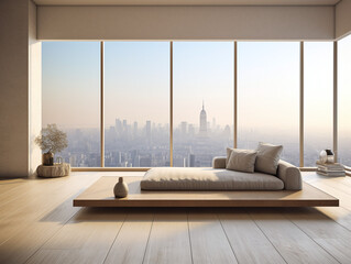 Modern bedroom with a large window offering a stunning city view.


