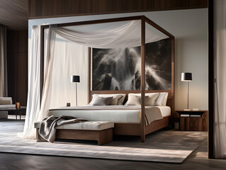 Luxury bedroom interior design with bed and beautiful framed wall art.

