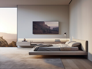 Modern white bedroom featuring a bed with a landscape picture above it, creating a minimal and inviting atmosphere.