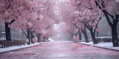 Foto op Plexiglas during the cherry blossom season in yuyuantan, beijing, cherry blossoms can be seen falling from cherry trees everywhere. pink and white cherry blossoms can be seen in winter,  © Veayo