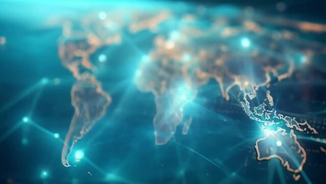 A world map with interconnected lines representing global financial transactions powered by blockchain technology foreshadowing the borderless nature of finance in the future.