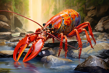 Close-up View of Majestic Crawfish in Vibrant Hues and in Naturalistic Surrounding Environment - obrazy, fototapety, plakaty