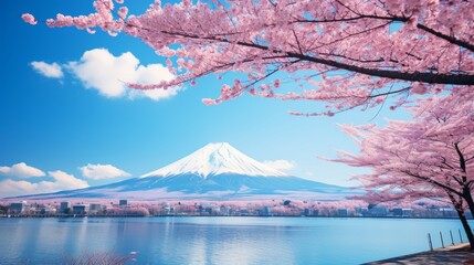 Majestic mount fuji with cherry blossoms in full bloom against clear blue sky in japan