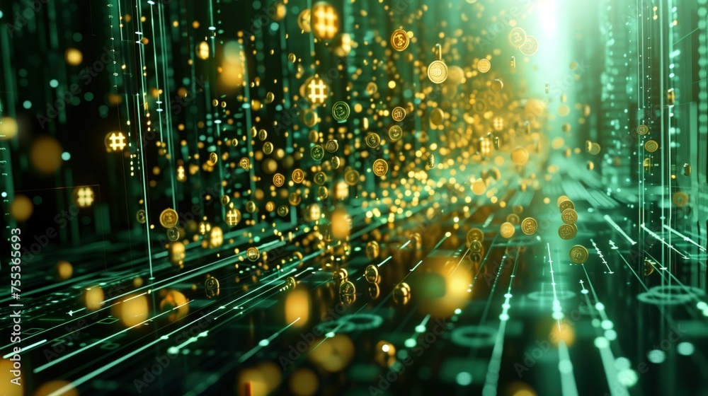 Aufkleber digital currency stream, the flow of digital currencies through a symbolic stream, with various cryp