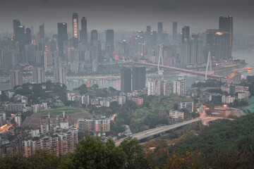 Aerial view of Chongqing skyline and river scenery in the early morning