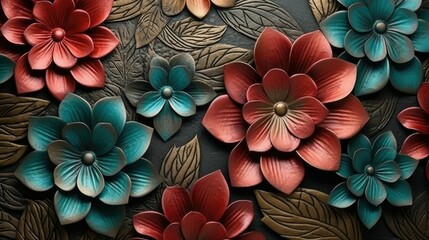 Colorful paper flowers on a dark background. 3d illustration