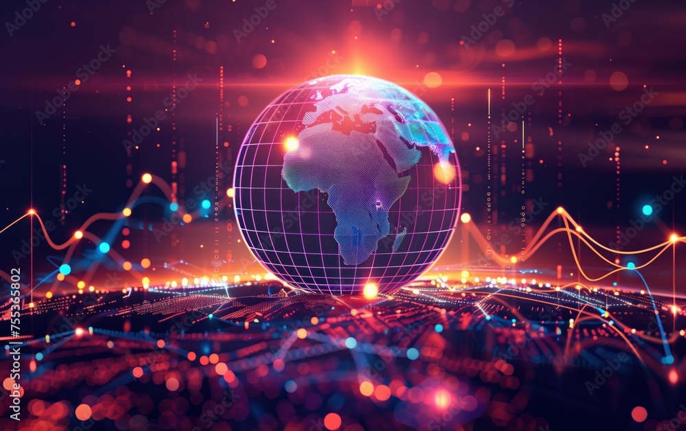 Poster global network pulse, a glowing digital globe with africa at its center, set against a background of