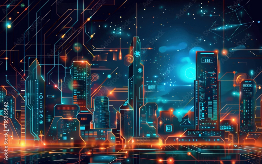 Poster neon circuit cityscape, a cityscape pulsing with neon circuitry, encapsulating the synergy between u