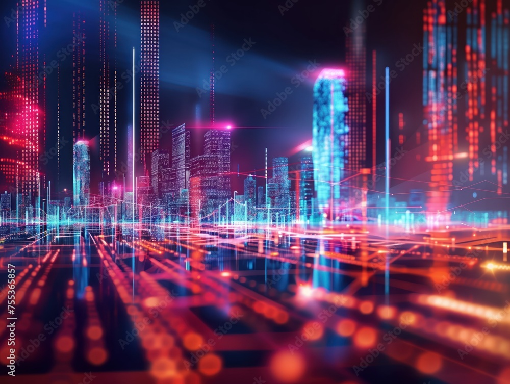 Poster neon data cityscape, a cityscape transformed into a digital data hub, with glowing neon lights and g