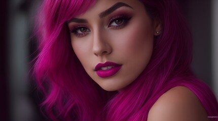 Fototapeta premium Vibrant Essence: A Closeup Portrait of a Beautiful Woman with Purple Lips, Hair, and wearing a shiny, purple top.