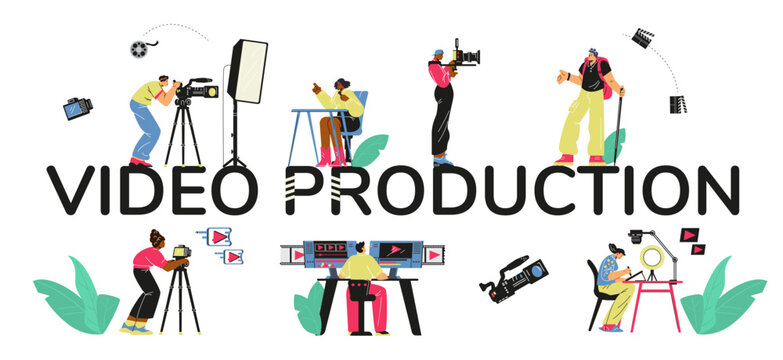 Diverse video production scenes vector set