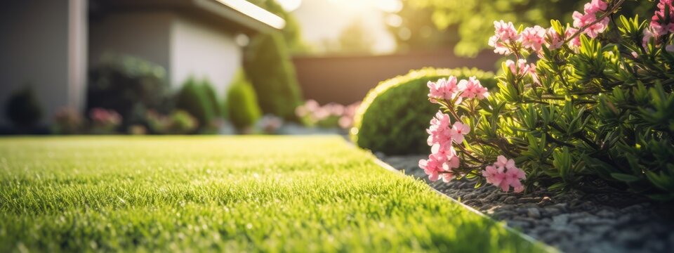 Garden with fresh green grass both shrub and flower front lawn background, Garden landscape design Fresh grass smooth lawn with curve form bush in house's garden care.