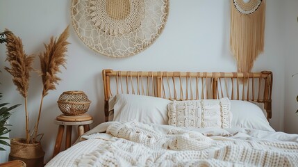 A contemporary bedroom decorated with pillows in a bohemian design from Scandinavia Dreamcatcher hanging on wall panel, fruits and wicker hats on the bed, Generative AI.