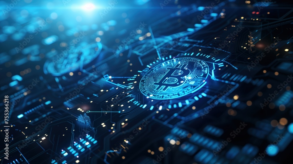 Aufkleber cryptocurrency circuitry, a bitcoin integrated into a complex circuit board pattern, highlighting th