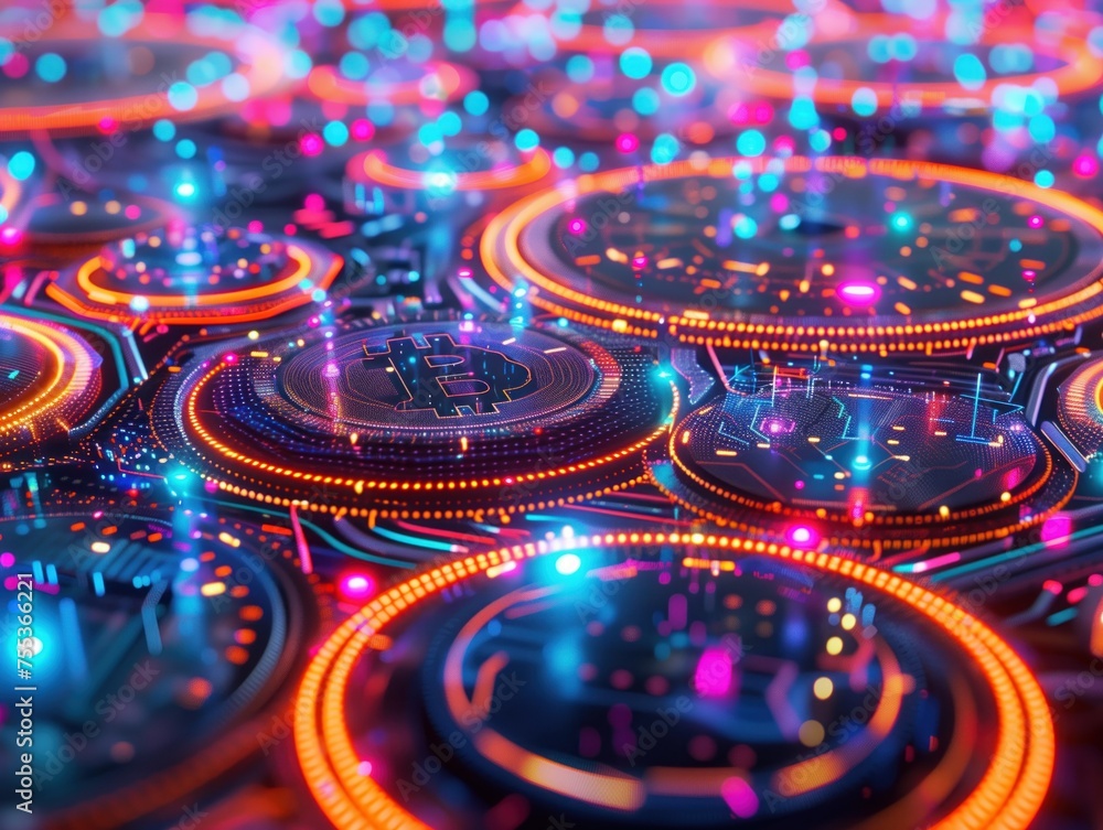 Aufkleber cryptocurrency circuitry, a vibrant and complex network of cryptocurrency circuitry, with the iconic
