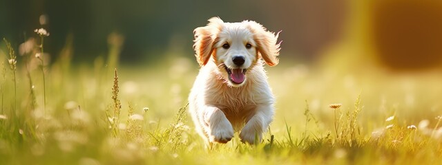 Happy dog ​​puppy running on the lawn, space for text, banner