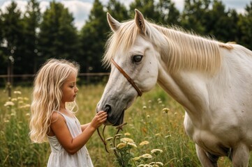 Cute little girl playing with a white horse on the meadow