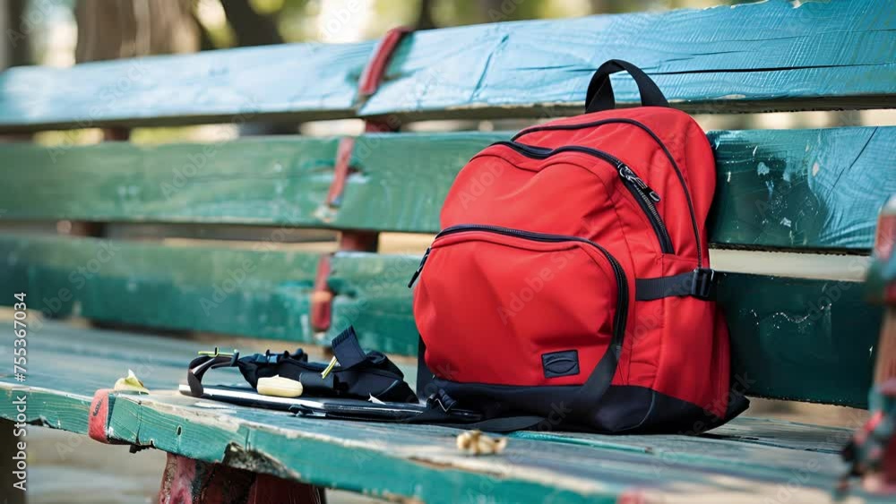 Poster a small red backpack is left unattended on a bench its zippers open and revealing personal items spi