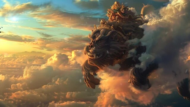 Flying High: The Mythical Monkey God Soaring Across the Sky. Seamless looping time-lapse virtual 4k video animation background