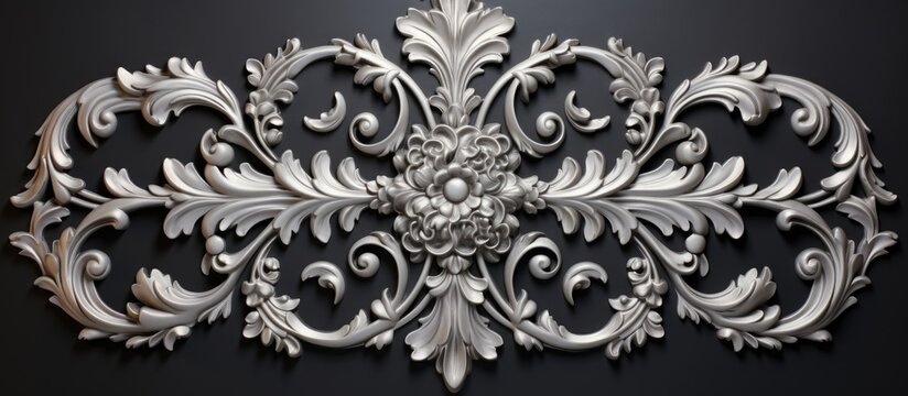 A beautiful piece of silver relief decorates a black wall, showcasing intricate carving and luxurious detailing. The classic architecture design adds a touch of elegance to the interior space.