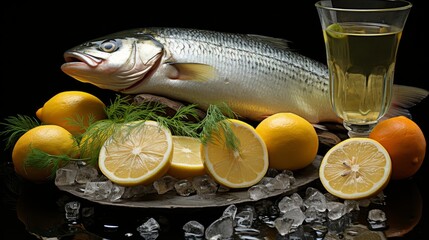 Fresh seafood, shrimp, mussels, wine, and fruit still life composition for food and wine lovers