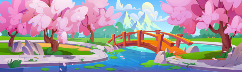 Empty city park with bridge over pond or river, pink flowering sakura trees and flying petals. Cartoon spring vector of japanese cherry woods in urban garden, mountain view.