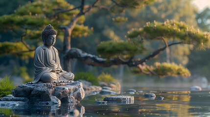 Buddha statue at water pond and lotus flowers, ai generated