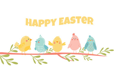 Cute colorful birds on branch. Happy easter,