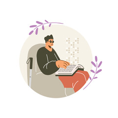 Man sitting on armchair and reading book on braille font using fingers, Braille language for blind people round vector