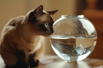 A Burmese cat intently observing a fishbowl from a safe distance