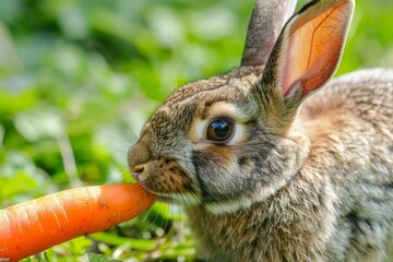 A close-up of a rabbit nibbling on a fresh carrot