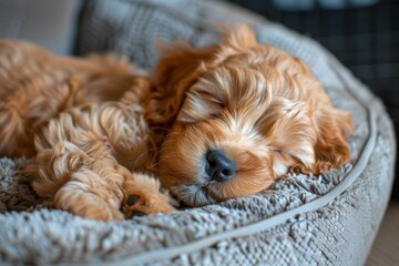 A Cockapoo puppy sleeping soundly in a cozy indoor bed
