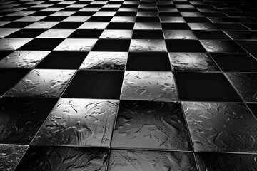 A checkerboard pattern with alternating reflective and matte squares, giving a sense of three-dimensionality and texture