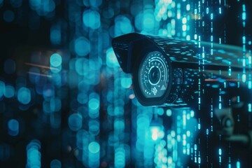 A close-up shot of a security surveillance camera with digital encryption symbols in the foreground