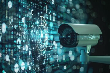 A close-up shot of a security surveillance camera with digital encryption symbols in the foreground