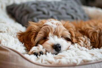 A Cockapoo puppy sleeping soundly in a cozy indoor bed