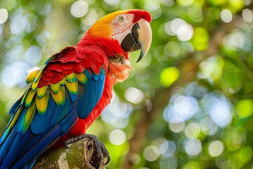 A colorful macaw perched eloquently in the rainforest, its feathers a burst of colors